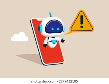 El asistente de robots de inteligencia artificial dice "signo de atención de exclamación". Asistencia en línea. Bot en la pantalla del smartphone. Gestión de incidentes, resolución de problemas. Ilustración del vector