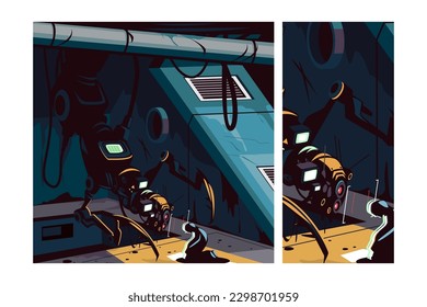 Artificial intelligence robot bent over man, vector illustration. An insect-like robot communicates nonverbally with person.