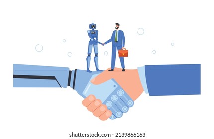 Artificial Intelligence Robot and Business Man Character Shaking Hands. Ai Handshake With Human, Concept of Future Cooperation, Technology Advance, Innovation. Cartoon People Vector Illustration