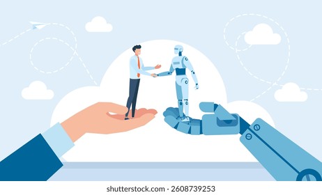 Artificial Intelligence Robot and Business Man Character Shaking Hands. Businessman shaking hands with robot, AI, Collaboration of personnel with artificial intelligence. Vector Illustration