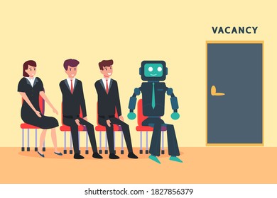 Artificial Intelligence Robot in business vector concept: People and robot waiting for job interview while sitting together on the chair