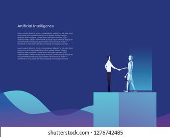 Artificial intelligence robot and businessman shaking hands vector concept. Symbol of new technology, future, innovation, inventions. Eps10 vector illustration.