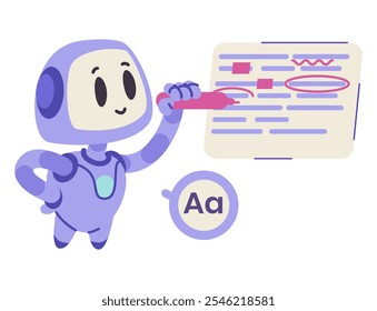 Roboterfigur der künstlichen Intelligenz in Bildungskonzept flache Vektorgrafik einzeln auf Weiß. Ai bot die Rechtschreibprüfung im Text. Automatisierungskonzept für Routineaufgaben.
