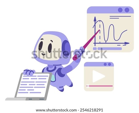 Artificial intelligence robot character in education concept flat vector illustration isolated on white. Ai bot finding appropriate information and explaining educational material.