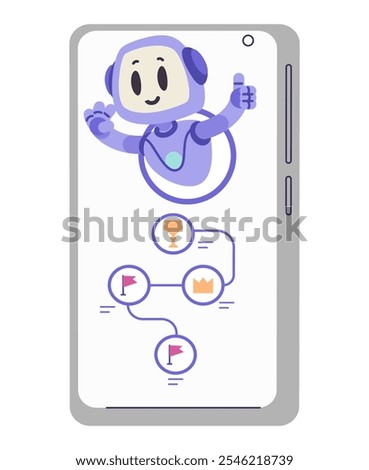 Artificial intelligence robot character in education concept flat vector illustration isolated on white. Ai bot looks out from smartphone showing achievements in studying. 