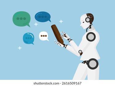 Artificial Intelligence Robot Chatting with People via Mobile Device. AI Technology, Communication Concept with Speech Bubbles.