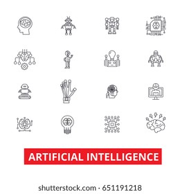 Artificial intelligence, robot, computer brain, technic, cyborg, brain, android line icons. Editable strokes. Flat design vector illustration symbol concept. Linear signs isolated on white background