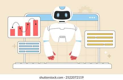 Artificial intelligence robot creates ideas and helps with tasks, online chat bot makes data analyzes for business and finances, gears and messages. Flat vector illustration isolated on background