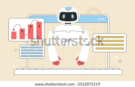 Artificial intelligence robot creates ideas and helps with tasks, online chat bot makes data analyzes for business and finances, gears and messages. Flat vector illustration isolated on background