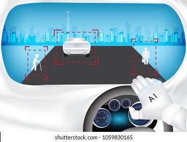 An artificial Intelligence robot is driving a car in the city with auto-detection process. Robotic human driver. Futuristic car concept.