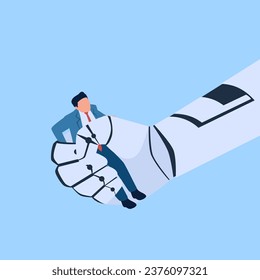 artificial intelligence robot hand grasps a person, a metaphor of racing with artificial intelligence. Flat conceptual illustration.