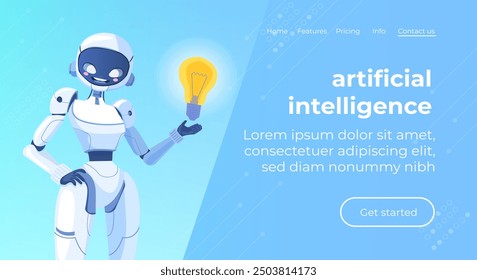 Artificial intelligence robot hand holding light bulbs Bright idea concept. Artificial intelligence technology concept horizontal For web banner, infographics. Innovation and technological advancement