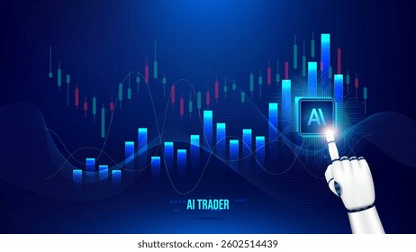 Artificial intelligence robot hand pointing at AI processor on trading chart with stock candlestick patterns. Vector illustration design for digital business and stock market concept.