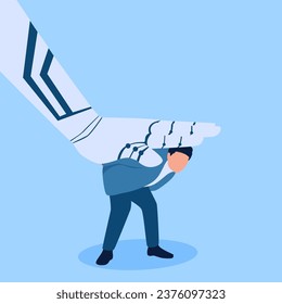 artificial intelligence robot hand pressing on people's backs, a metaphor of racing with artificial intelligence. Flat conceptual illustration.