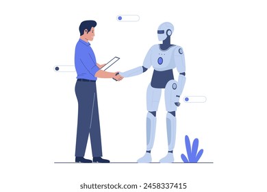 Artificial intelligence robot handshake with human. Flat vector illustration
