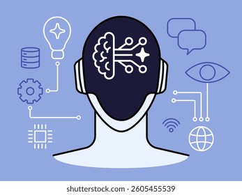 Artificial Intelligence Robot Head Illustration with Tech Innovation AI Visual Element Futuristic Smart Brain Network for Datum Infographic Connecting Semiconductor Structure System Flat Design Vector