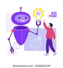 Robot de inteligencia artificial ayuda al hombre. Asistente virtual, bot de Servicio al cliente, Asistencia de cliente en línea. Búsqueda impulsada por IA, creación de contenido, automatiza los procesos empresariales. Ilustración vectorial aislada