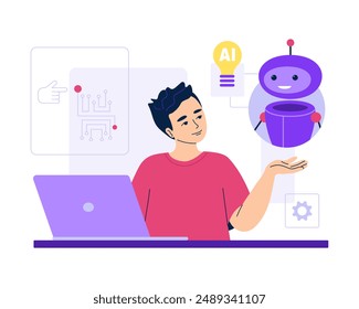 Artificial intelligence robot help man at laptop. Smart virtual assistant searching program bugs, customer service bot, online client support. AI-powered search. Machine learning. Vector illustration
