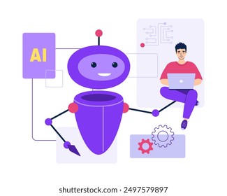 El robot de inteligencia artificial ayuda al hombre en el trabajo. Asistente virtual inteligente que busca errores del programa, bot de Servicio al cliente, Asistencia de cliente en línea. Búsqueda impulsada por IA. Aprendizaje automático. Ilustración vectorial