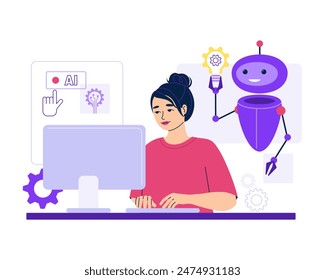 Robot de inteligencia artificial ayuda a la mujer en el trabajo. Asistente virtual, bot de Servicio al cliente, Asistencia de cliente en línea. Búsqueda impulsada por IA, creación de contenido, automatiza los procesos empresariales. Ilustración vectorial