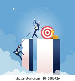 Artificial intelligence robot helping businessman climb higher to success concept