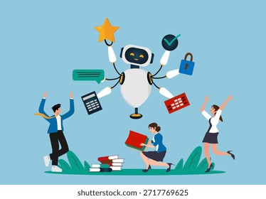 Robô de inteligência artificial ajudando os seres humanos a alcançar o sucesso e a produtividade dos negócios