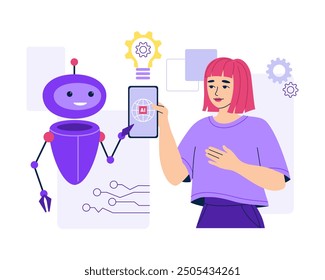 Artificial intelligence robot helps a woman use her phone. Smart robotic virtual assistant, customer service bot, online client support. Innovative technology, testing mobile chip. Vector illustration