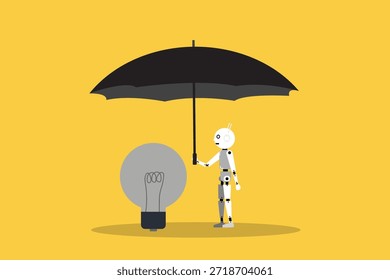 Artificial intelligence Robot Holding Umbrella to Protect an Idea Lightbulb