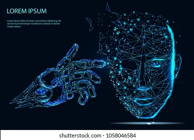 Artificial intelligence. Robot holds a finger near the head. Low poly vector illustration. 3D