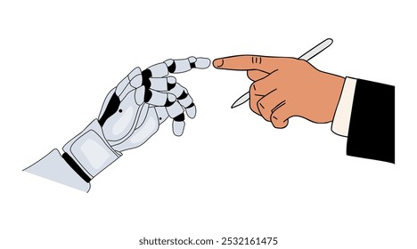 Robot de inteligencia artificial y manos de hombre de negocios humanos tocándose entre sí. Tecnología moderna y concepto de informática. Dibujo coloreado del bosquejo del Vector aislado en el fondo blanco