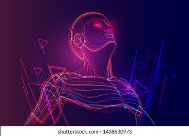 Artificial intelligence or robot with human face. Deep machine learning with neural network in abstract virtual world. Vector illustration