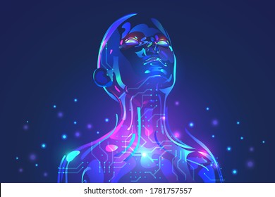 Artificial Intelligence Or Robot With Human Face. AI With Cyber Body In Abstract Digital World With Neural Network. Vector Illustration