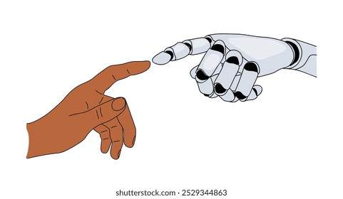 Robô de inteligência artificial e mãos humanas tocando umas nas outras. Conceito moderno de tecnologia e ciência da computação. Desenho colorido de contorno de vetor isolado no plano de fundo branco