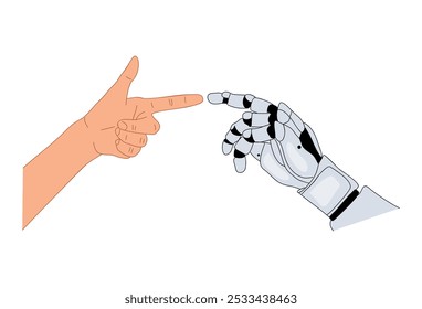 Artificial intelligence robot and human hands touching each other. Modern technology and computer science concept. Vector outline sketch colored drawing isolated on white background