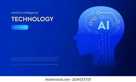Artificial Intelligence with Robot or Human Head and Electricity Network Cog representing AI Innovation Technology and Virtual Brain Engine Power in Cyber Futuristic Concept Background.