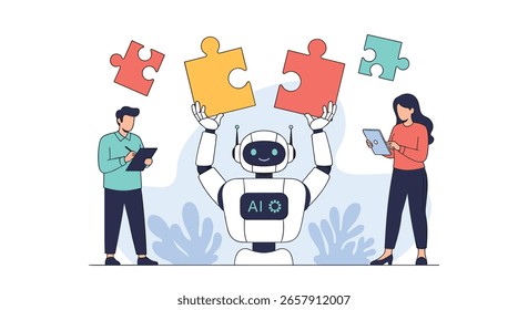 Artificial Intelligence Robot and Humans Collaborating to Solve Complex Problems Together Through Puzzle Pieces