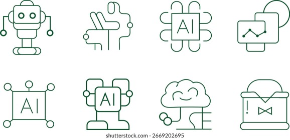 Inteligência artificial e conjunto de ícones de linha de robô - AI Technology Vetor Collection