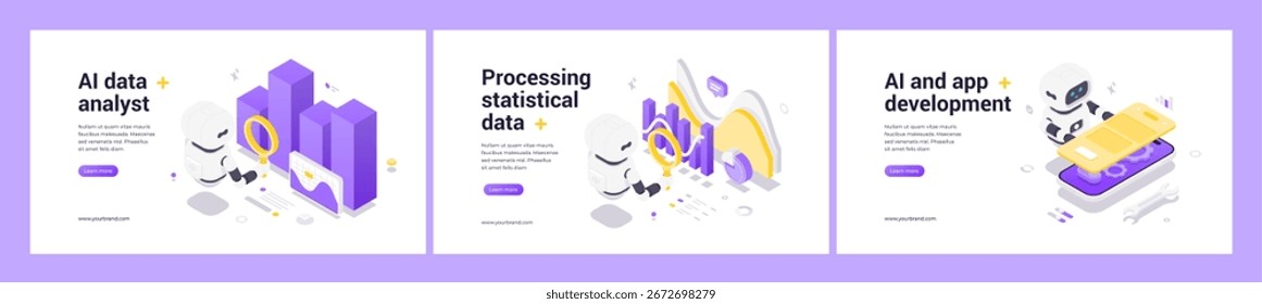 Robot de inteligencia artificial con lupa, gráficos estadísticos, procesamiento de grandes datos, interfaz de App móvil, codificación, análisis, automatización, tecnología, Ilustración vectorial de Anuncio de Web isométrico
