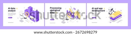 Artificial intelligence robot with magnifying glass, statistical charts, big data processing, mobile app interface, coding, analytics, automation, technology, isometric web banner vector illustration