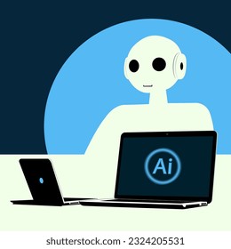 Artificial intelligence robot next to two laptops with AI icon on screen