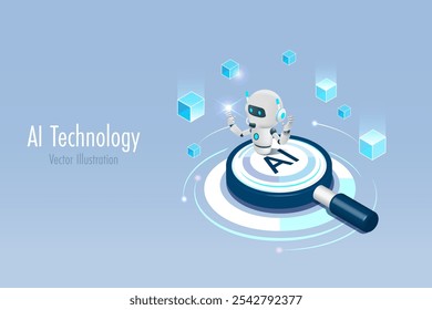 Artificial intelligence robot on AI magnifying glass with block chain security system. Powerful search engine innovation technology to defines smart solution in futuristic background. 3D vector.