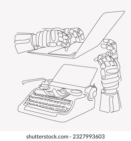 Artificial Intelligence Robot on  Laptop Computer Line art Vector. Laptop Computer vs AI