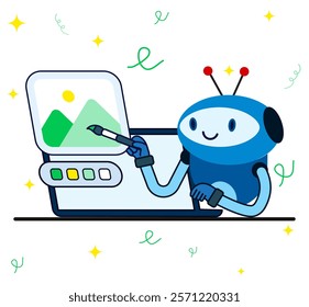 Artificial intelligence robot painting illustration on his laptop. A robot holding a brush creating art. Neural network technology concept. AI chat bot with prompt.