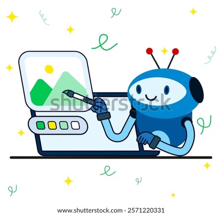 Artificial intelligence robot painting illustration on his laptop. A robot holding a brush creating art. Neural network technology concept. AI chat bot with prompt.