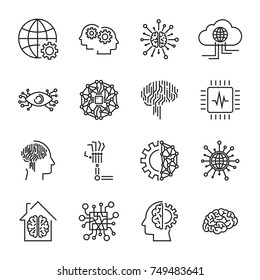 Artificial Intelligence And Robot Related Vector Icon Set. It Contains Icons Such As: Chip, Chipping, Hand, Prosthetics, Smart House, Electron Eye, Brain, AI Technology And Others. Editable Stroke