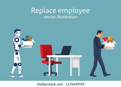 Artificial Intelligence robot replaces in the work of man. Turnover workers. Vector illustration flat design. Isolated on white background. Technologies replace people. Robotics industry.