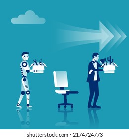 Artificial Intelligence robot replaces in the work of man. Turnover workers. Vector illustration flat design. Isolated on white background. Technologies replace people. Robotics industry.