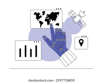 Artificial intelligence in a robot searching for locations all over the world, semi outline style, vector illustration.