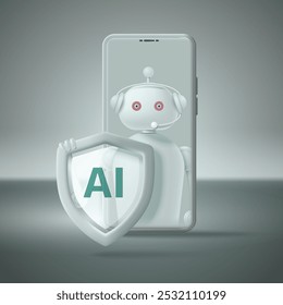 Artificial intelligence robot with shield on smartphone background for cyber security and data protection using AI. Vector illustration.