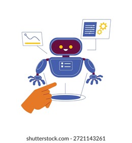 An artificial intelligence robot is shown interacting with a human hand, illustrating advanced technology and future concepts.